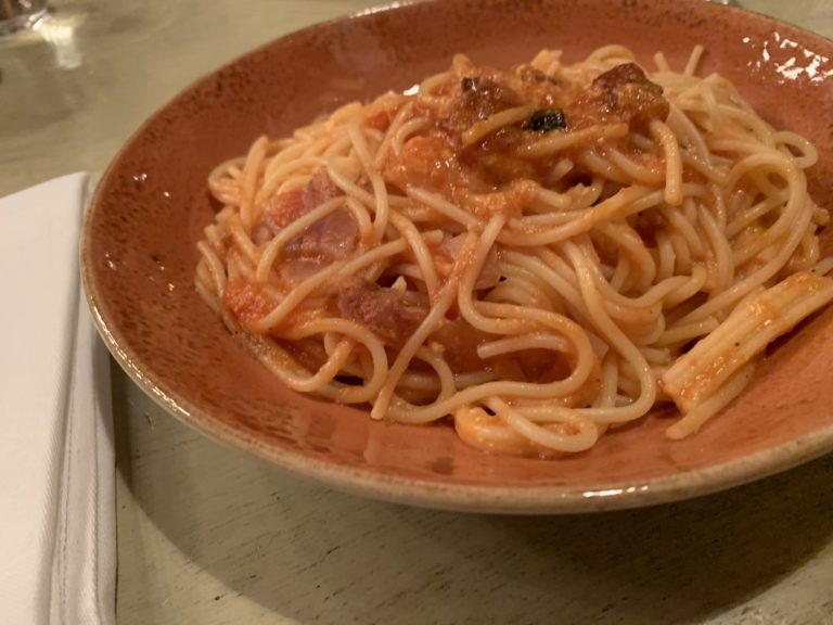Gluten free spaghetti aglio olio with pancetta and chilli peppers