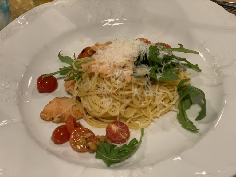 Spaghetti with Smoked Salmon, tomatoes, and arugula